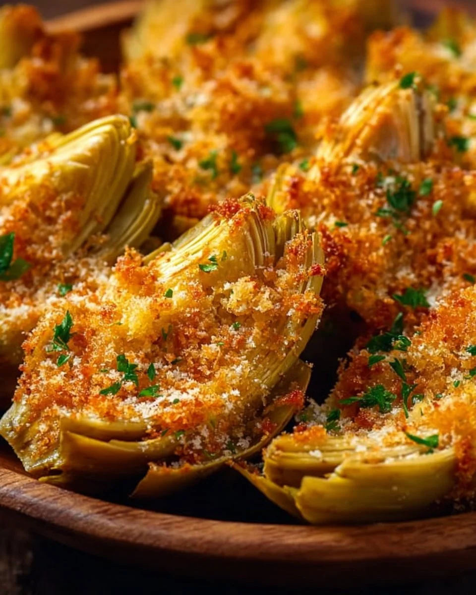 Crispy Parmesan Artichoke Hearts arranged on a platter