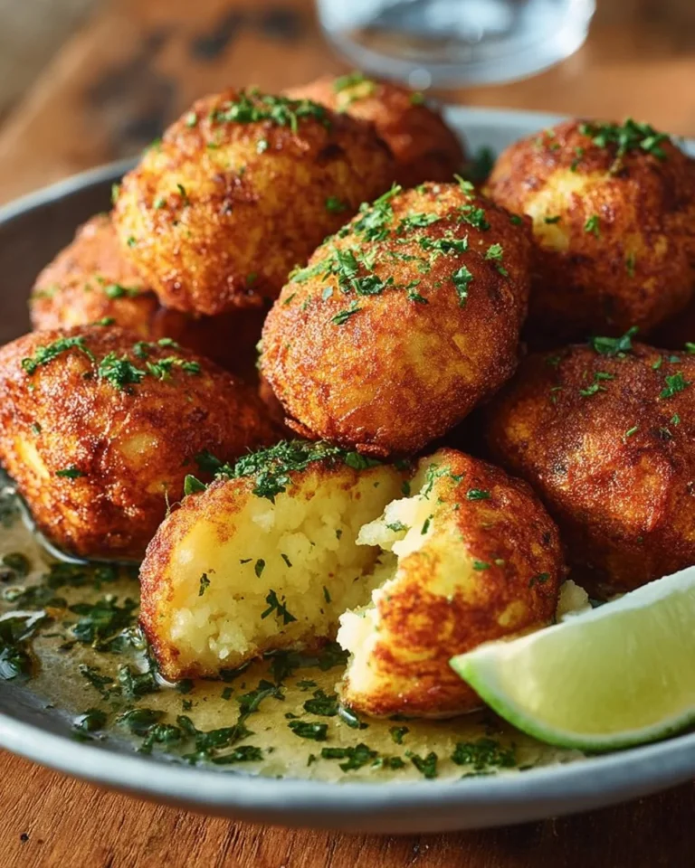 Crispy golden salted codfish cakes plated with a garnish