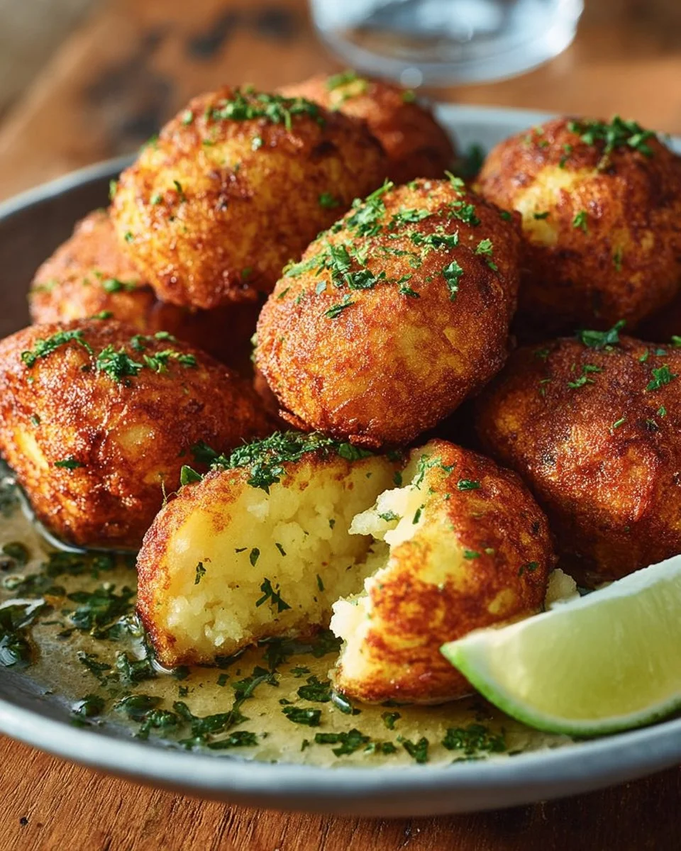 Crispy golden salted codfish cakes plated with a garnish