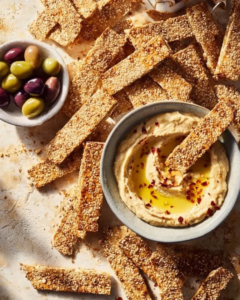 Crunchy crackers served on a wooden platter with dips and cheese.