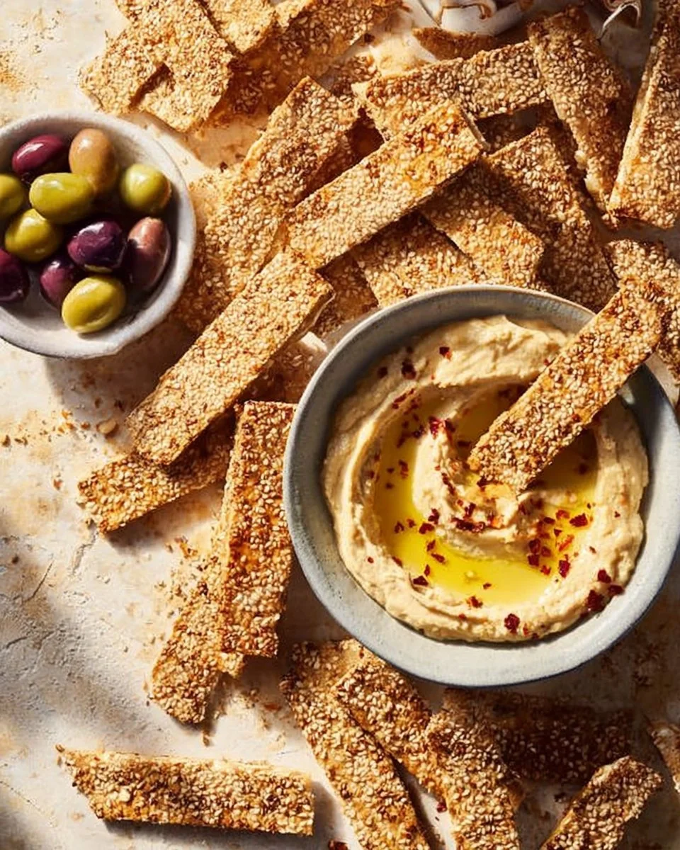 Crunchy crackers served on a wooden platter with dips and cheese.