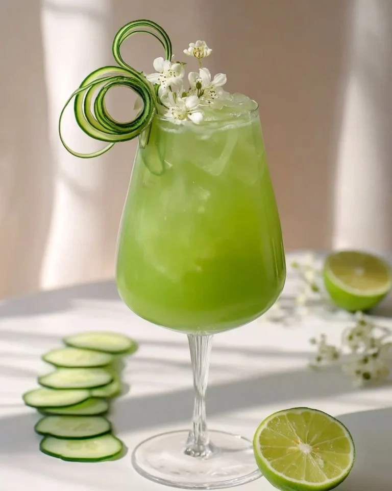 Refreshing Cucumber Spritz mocktail with herbs and bubbles garnished with cucumber slices.
