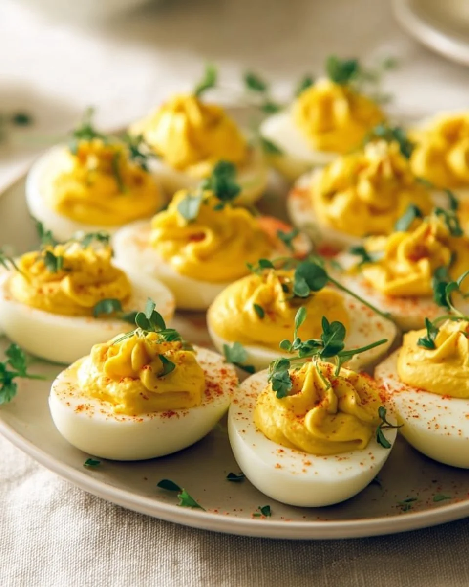 Plate of delicious deviled eggs garnished with paprika and herbs