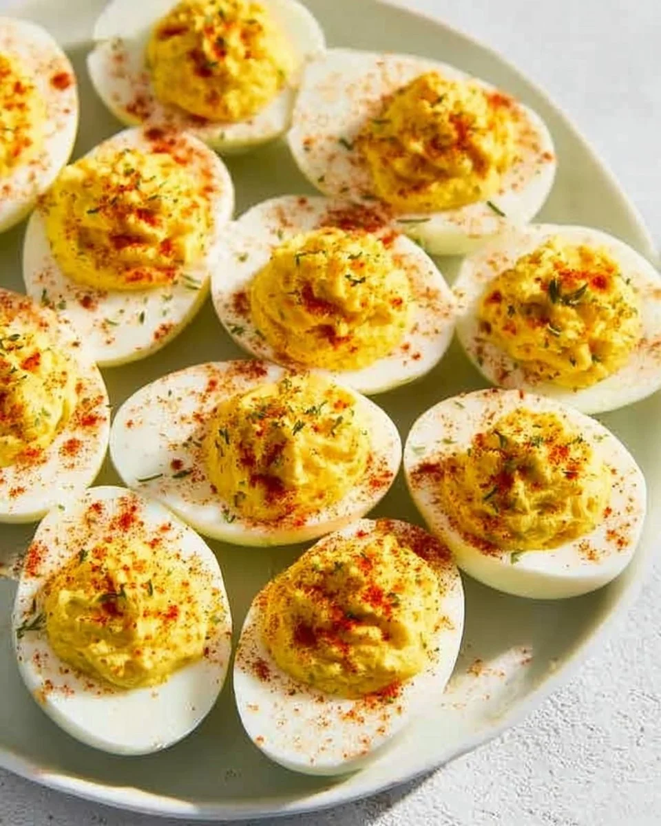 Delicious deviled eggs served on a platter, garnished with paprika and herbs.