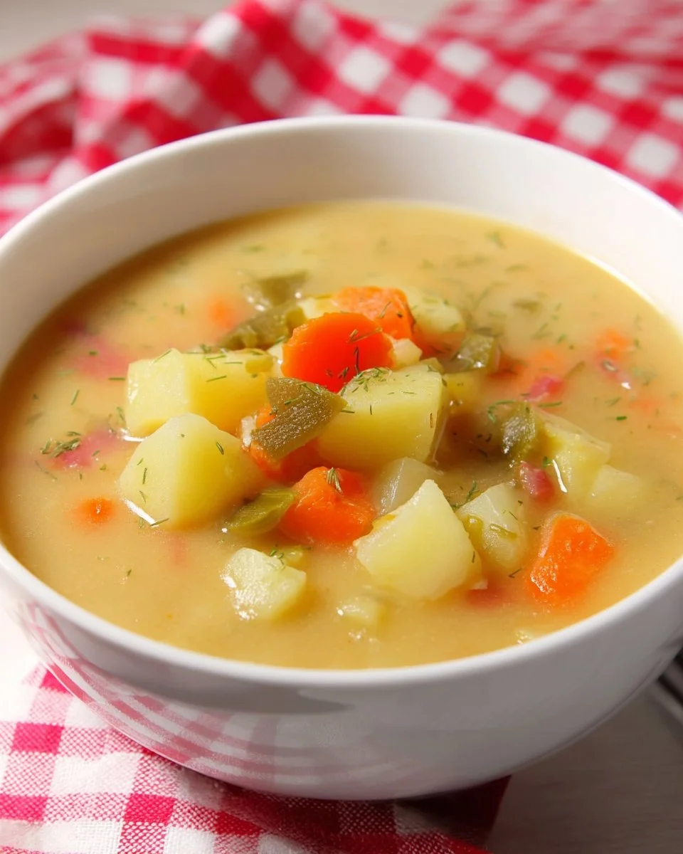 A bowl of flavorful dill pickle soup garnished with fresh herbs.