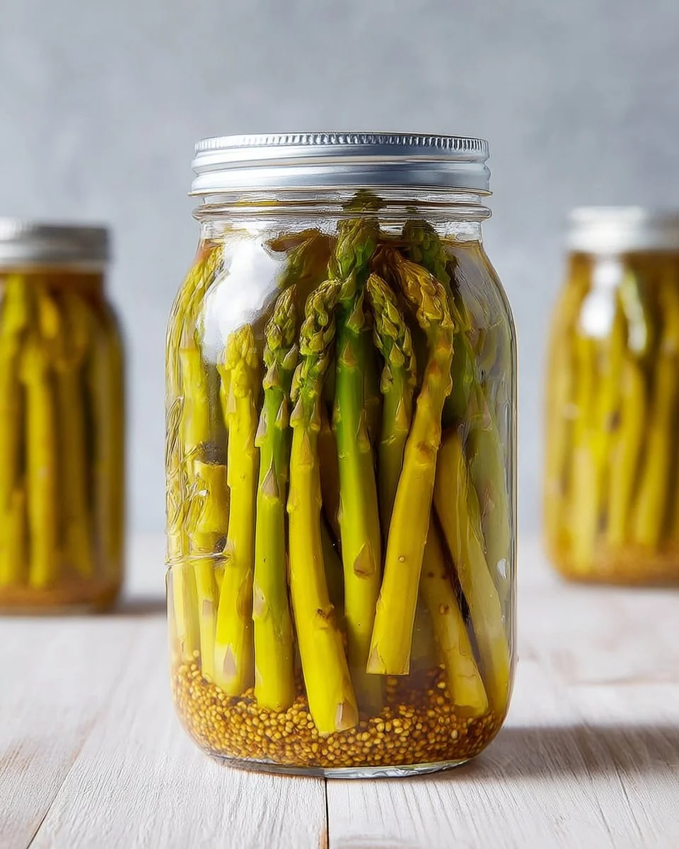 Jar of dilly pickled asparagus with fresh herbs and spices.