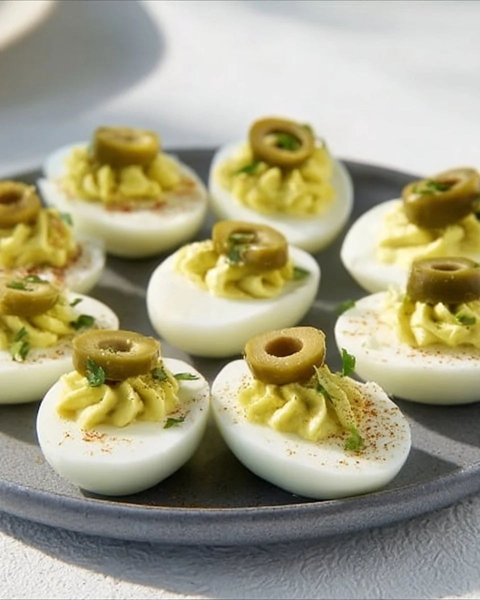 A plate of Dirty Martini Deviled Eggs garnished with olives and herbs