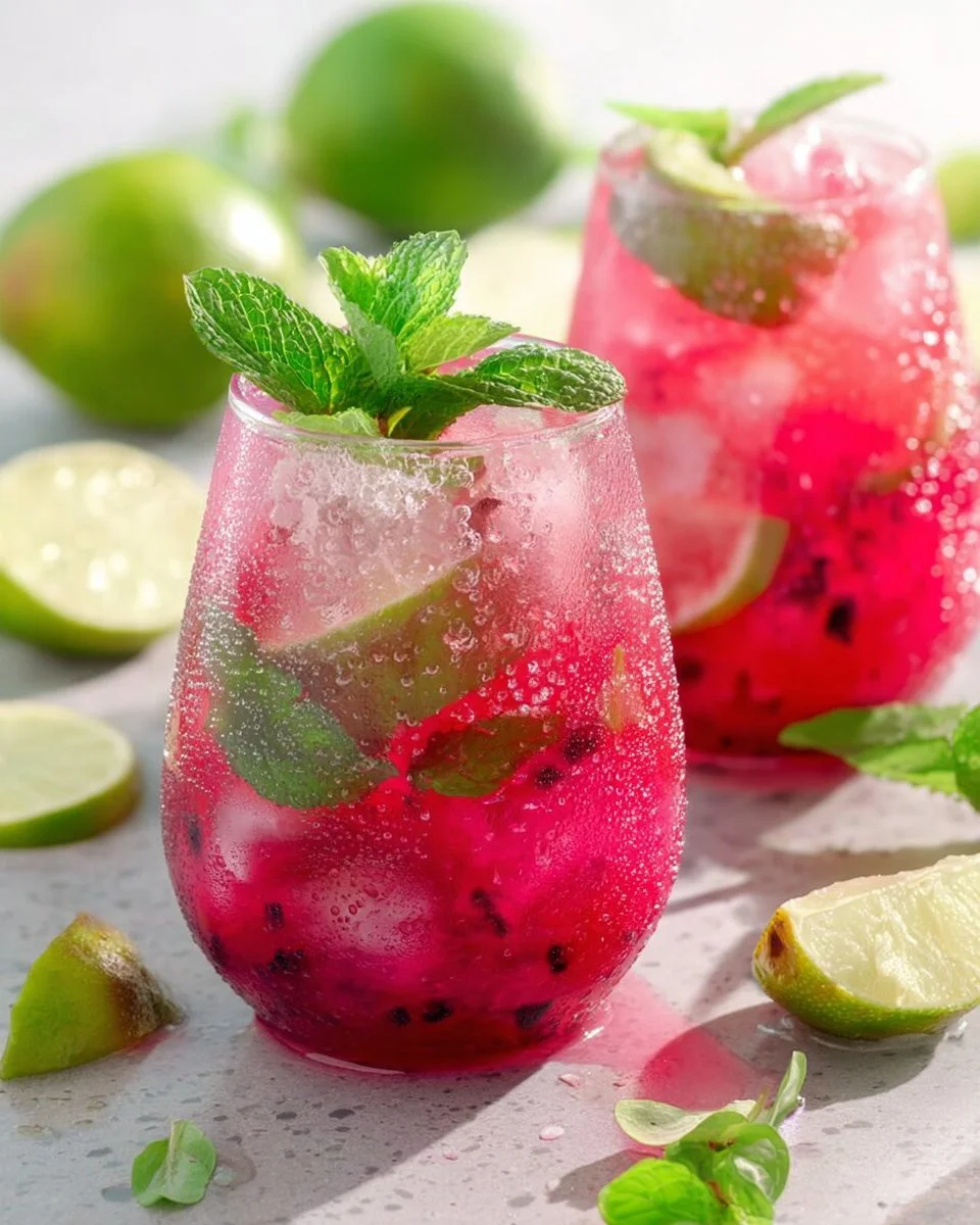 Refreshing Dragonfruit Mojito mocktail in a glass with mint and lime