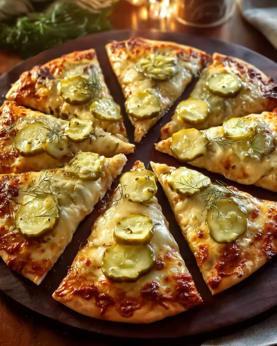 Delicious dill pickle pizza topped with cheese and pickles, showcasing a unique recipe.