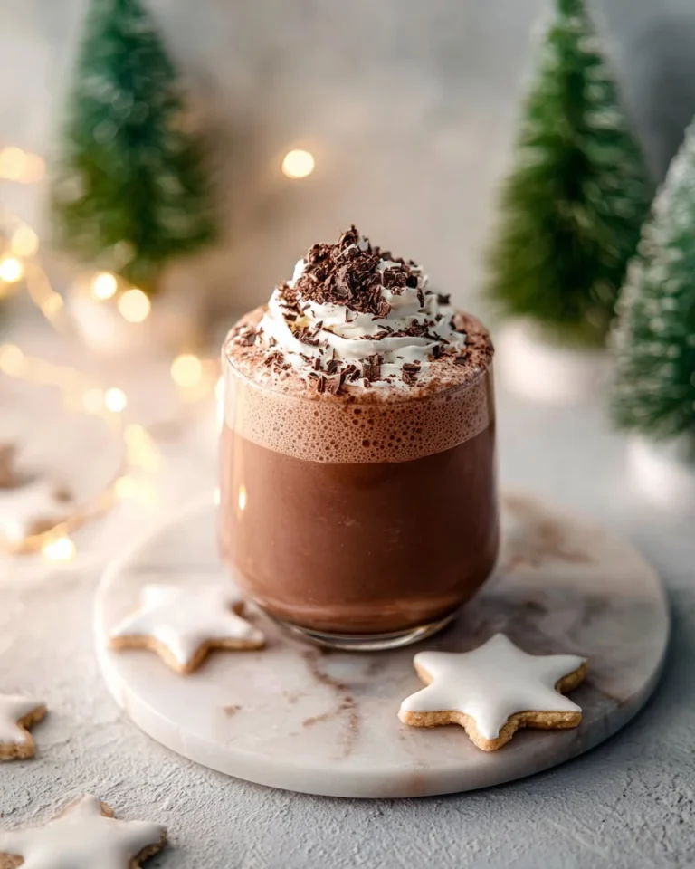 Delicious easy frozen hot chocolate in a glass topped with whipped cream.