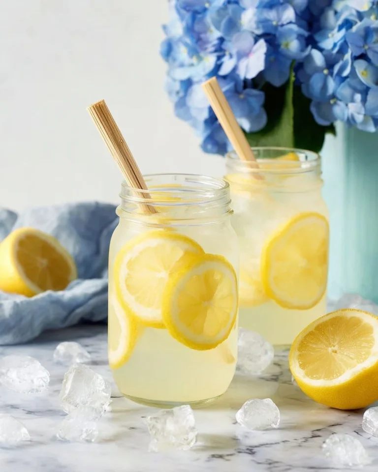 Glass of easy ginger lemonade with lemon slices and fresh ginger