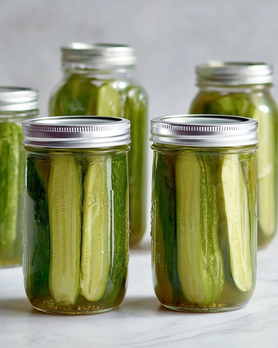 Easy homemade pickles in a jar with fresh cucumbers and spices