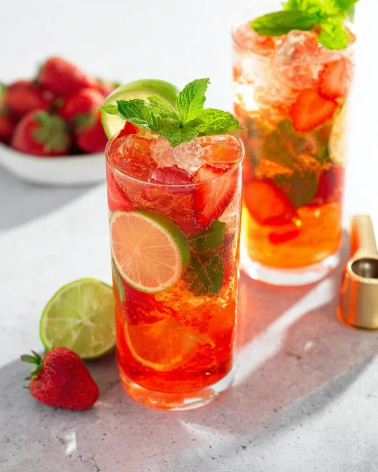 Delicious easy Strawberry Mojito Mocktail with fresh strawberries and mint