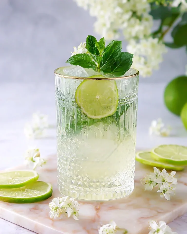 Elderflower Mojito Mocktail with mint leaves and lime slices in a glass