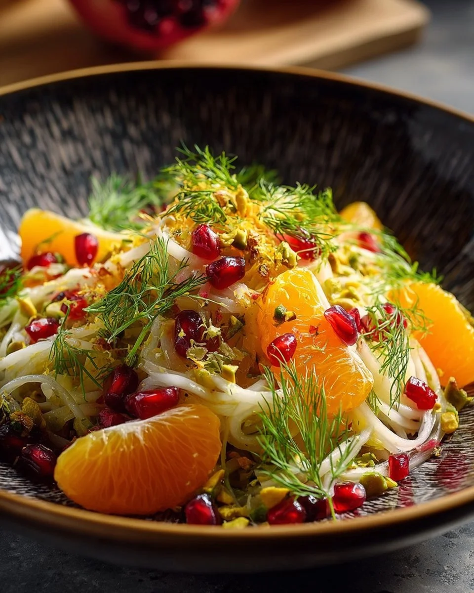 Fennel, orange, and pomegranate salad with honey citrus vinaigrette on a plate