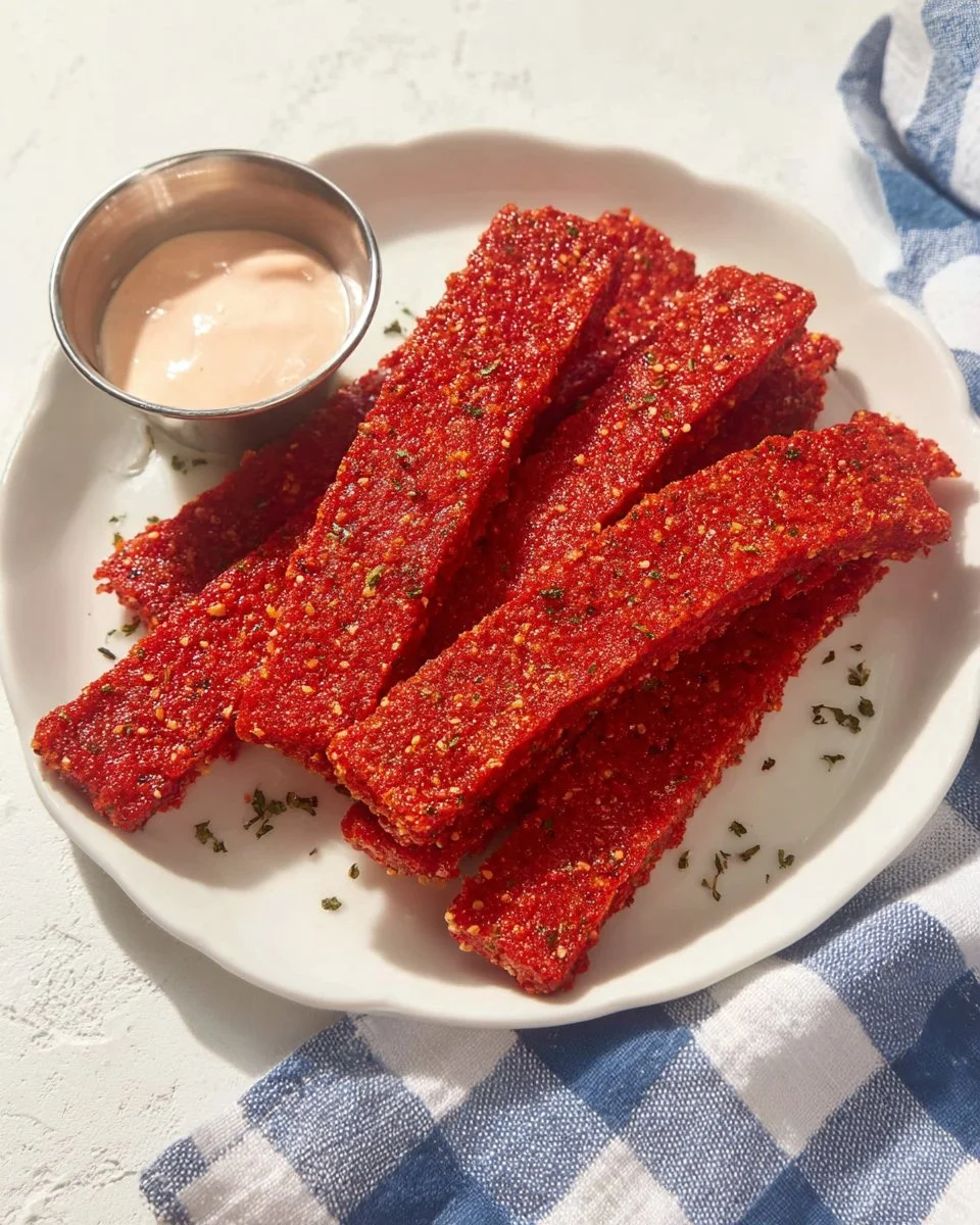 Flamin' Hot Fried Pickles served on a plate with dipping sauce