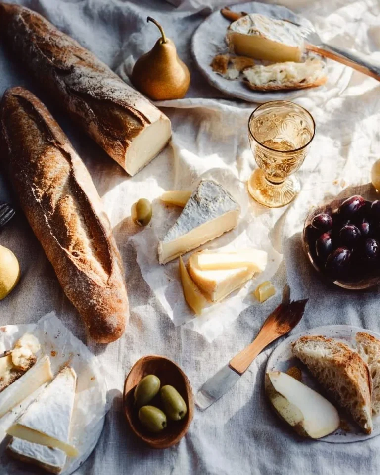 Freshly baked French baguettes on a wooden table