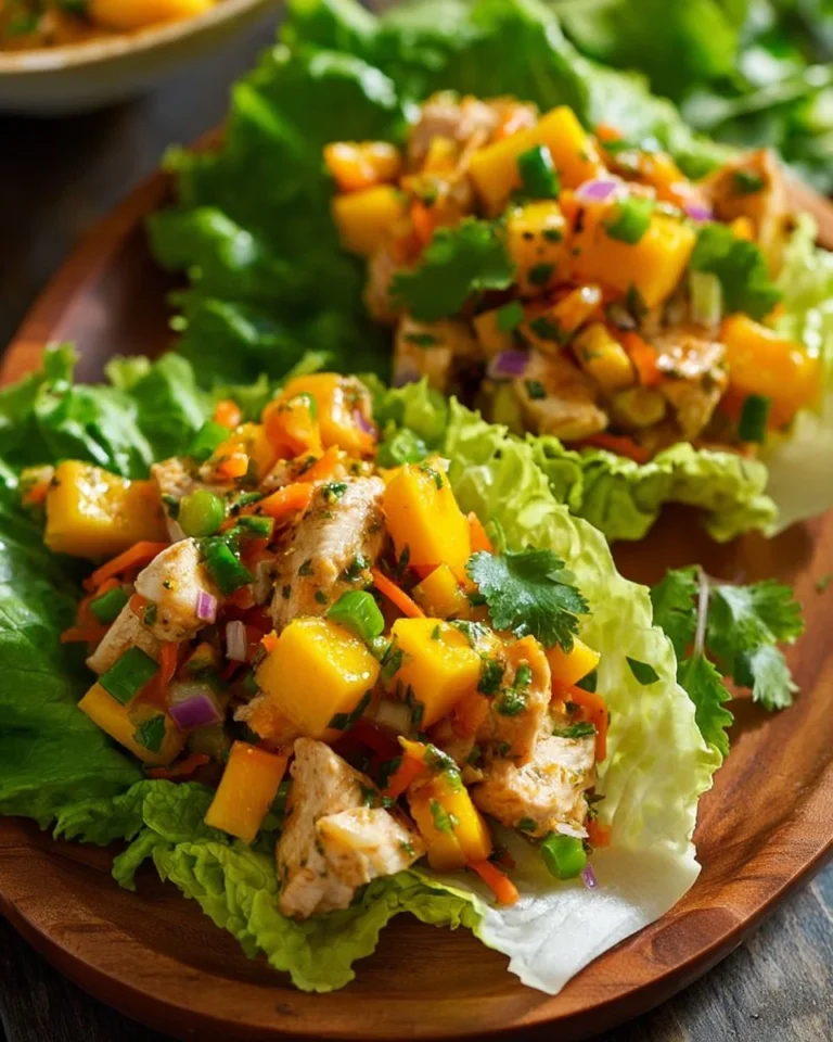 Delicious mango chicken lettuce wraps served with fresh ingredients