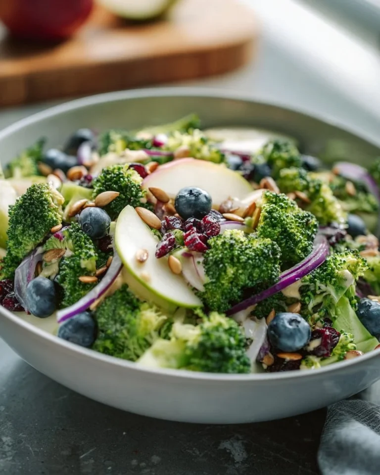 Fresh broccoli berry salad with homemade poppy seed dressing in a bowl