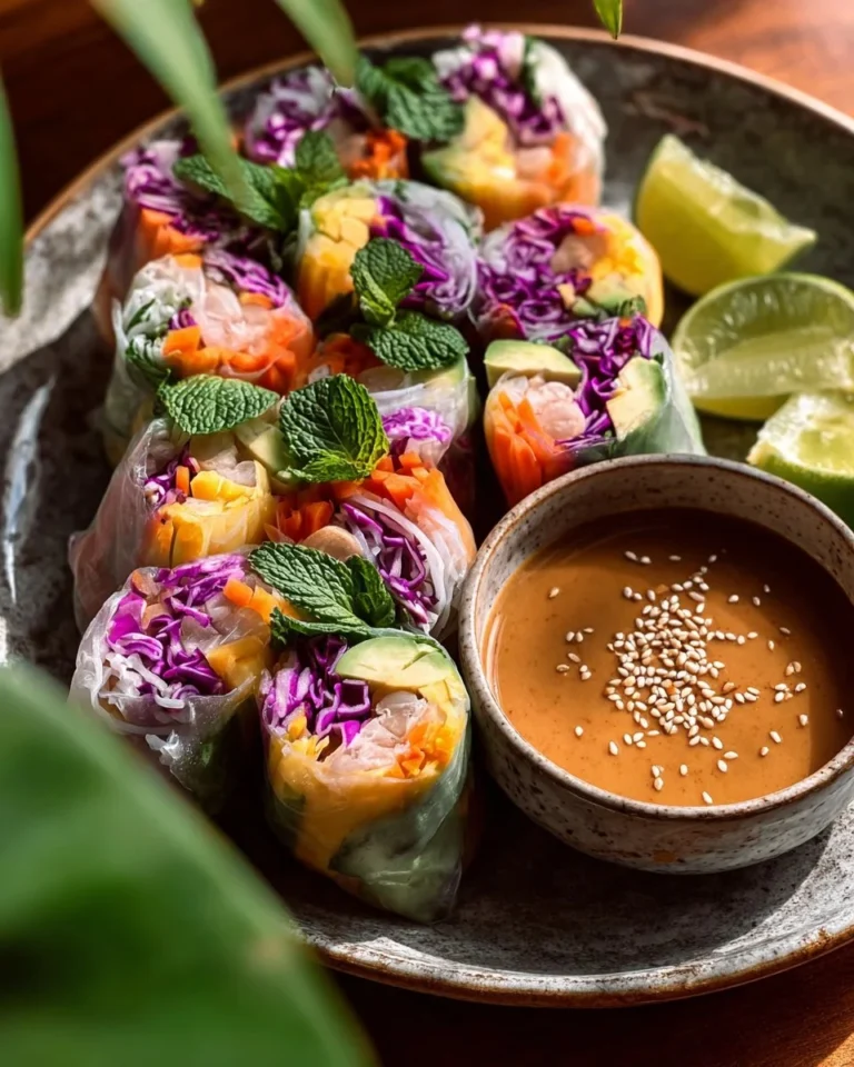 Fresh shrimp-mango rice paper rolls with lime peanut sauce on a plate