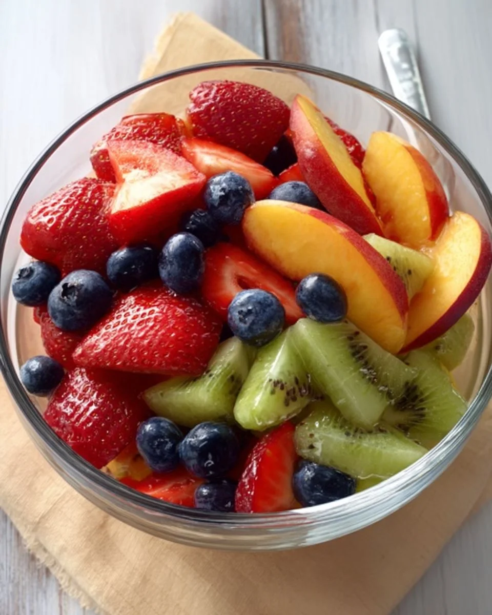 Colorful fruit salad featuring assorted fresh fruits in a bowl.