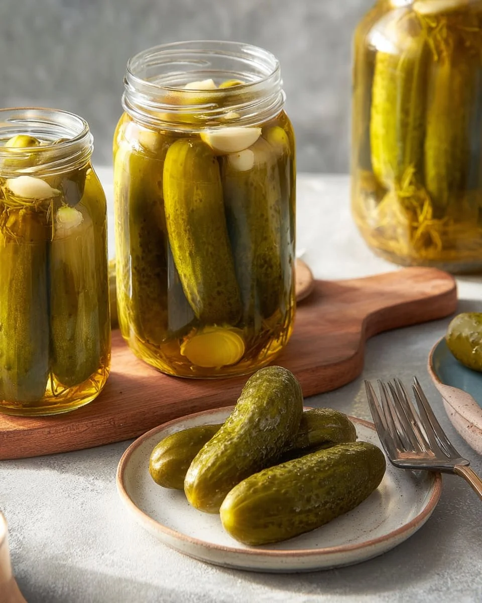 Homemade Garlic Dill Pickles in a glass jar with fresh herbs and spices