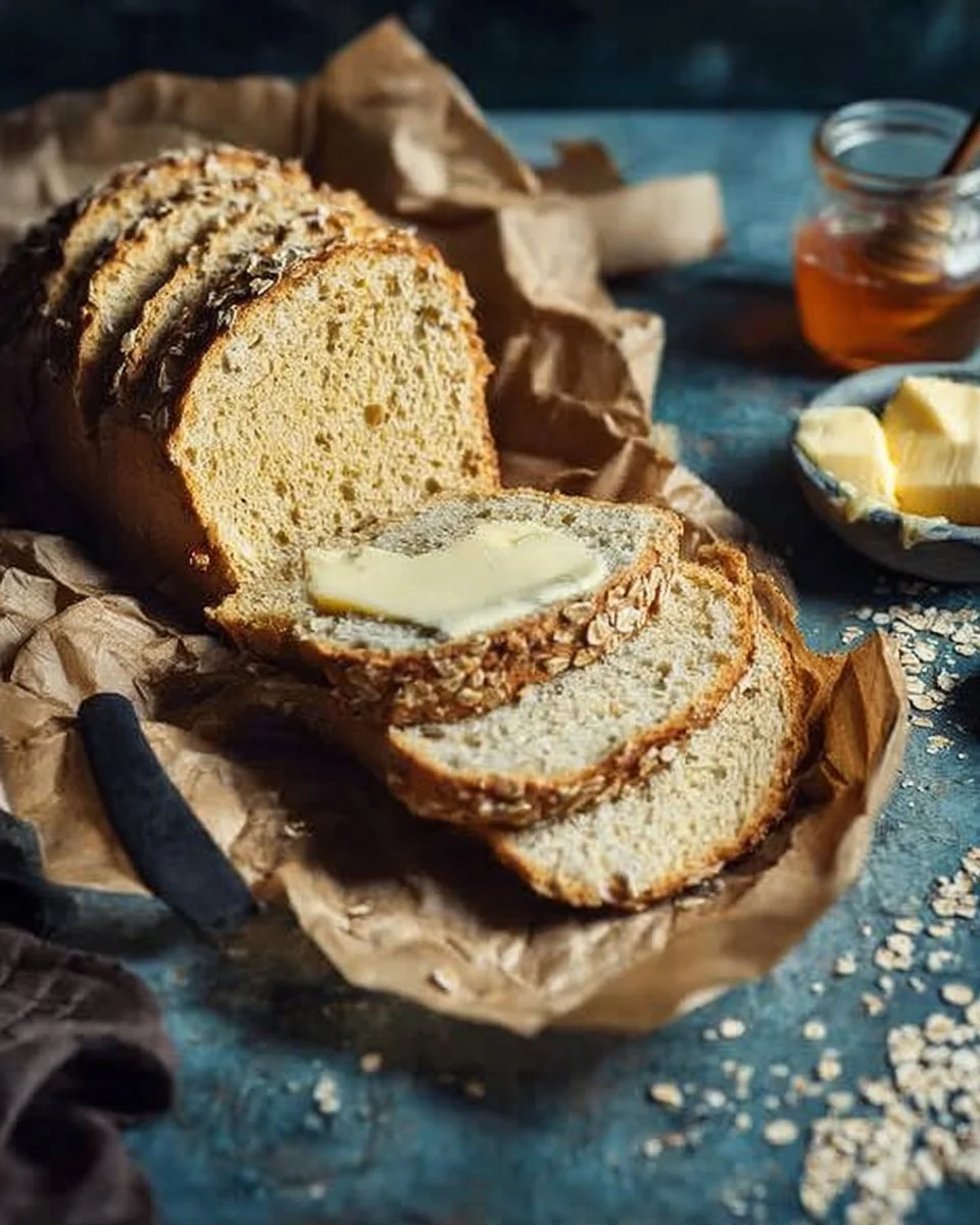 Gluten-free honey-oat sandwich bread loaf on a wooden cutting board