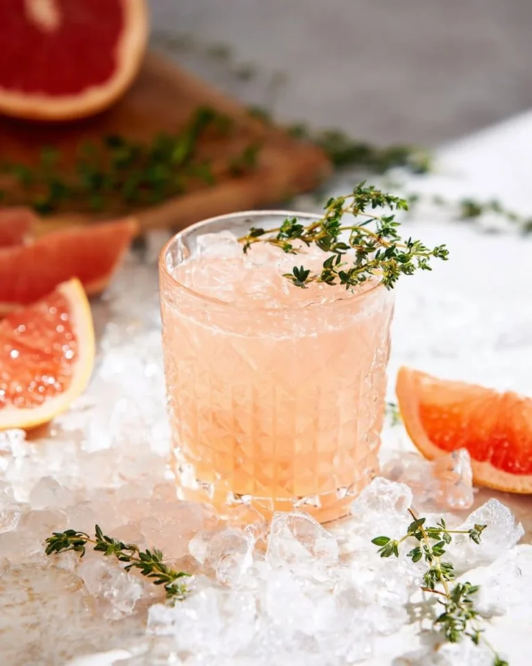 Grapefruit Thyme Fizz cocktail served in a glass with fresh thyme sprigs