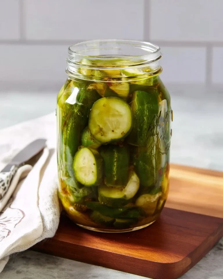 A jar of Great Grandpa's Garlic Pickles showcasing crunchy vegetables and garlic cloves.