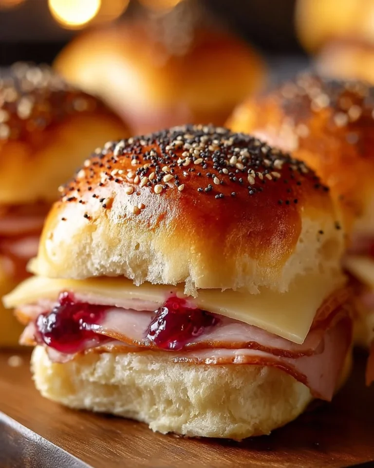 Ham cranberry sliders topped with melty cheese for a delicious appetizer