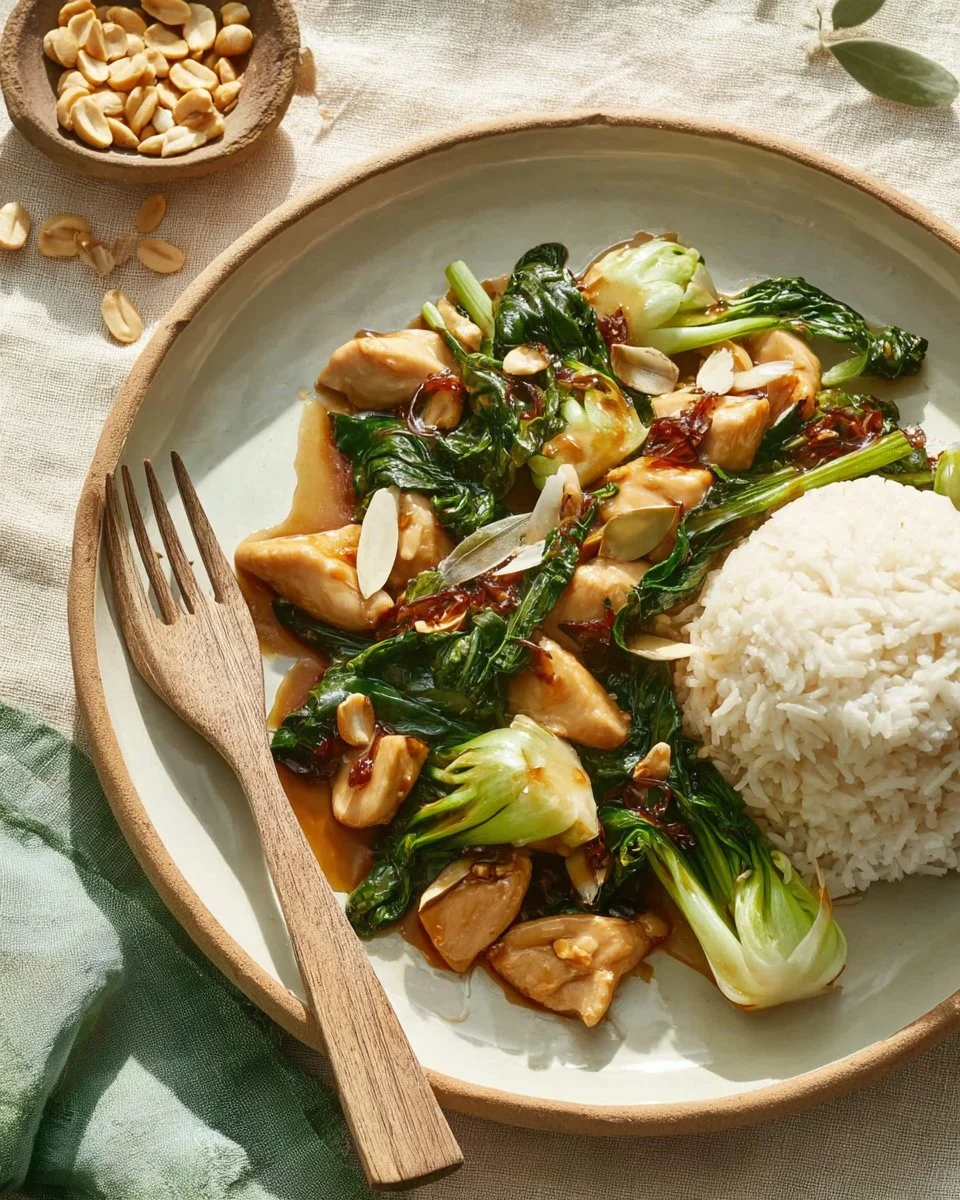 Healthier Kung Pao Chicken dish with vegetables and peanuts