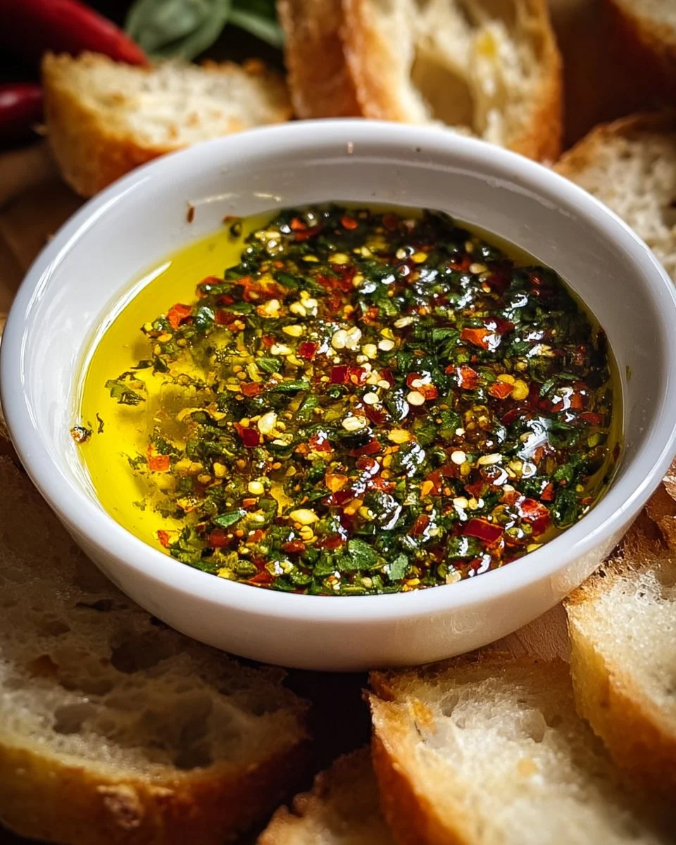 Herb-infused olive oil dip served with fresh bread and herbs for a flavorful appetizer.