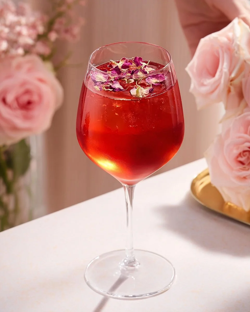 Hibiscus Rose Mocktail with vibrant colors and garnished with flowers