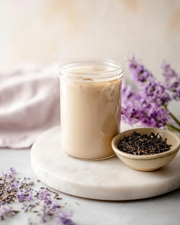 Homemade lavender creamer in a glass jar surrounded by lavender flowers