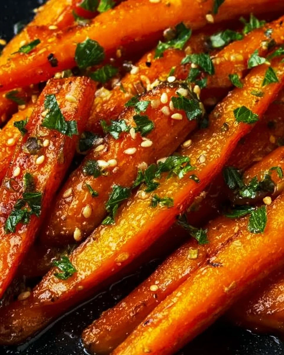 Honey garlic butter roasted carrots served in a dish, perfect for impressing guests