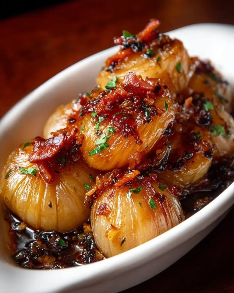 Honey-Glazed Shallots with Crispy Bacon served in a rustic dish