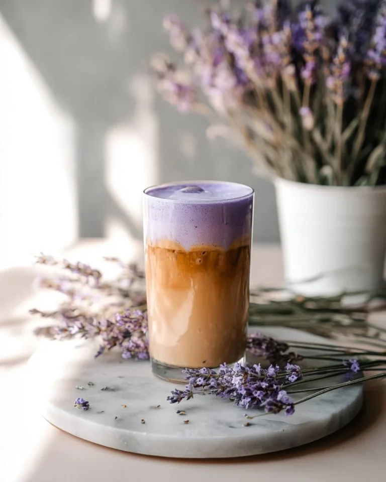 A refreshing iced lavender cream chai beverage topped with whipped cream.