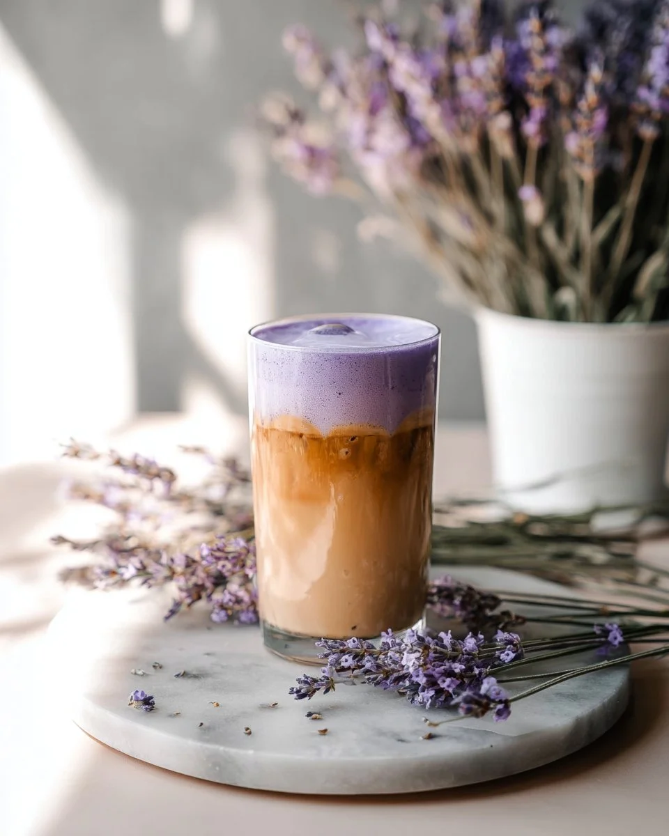 A refreshing iced lavender cream chai beverage topped with whipped cream.
