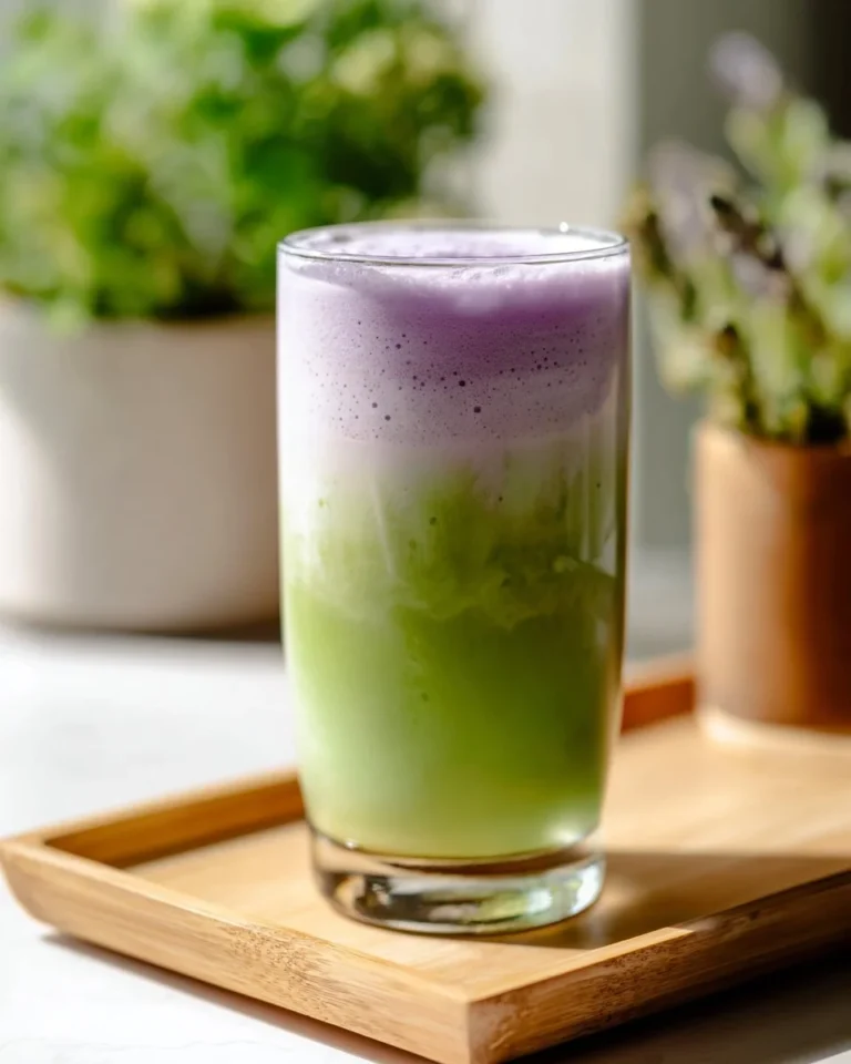 Iced Lavender Cream Oat Milk Matcha drink with lavender and matcha on a table.