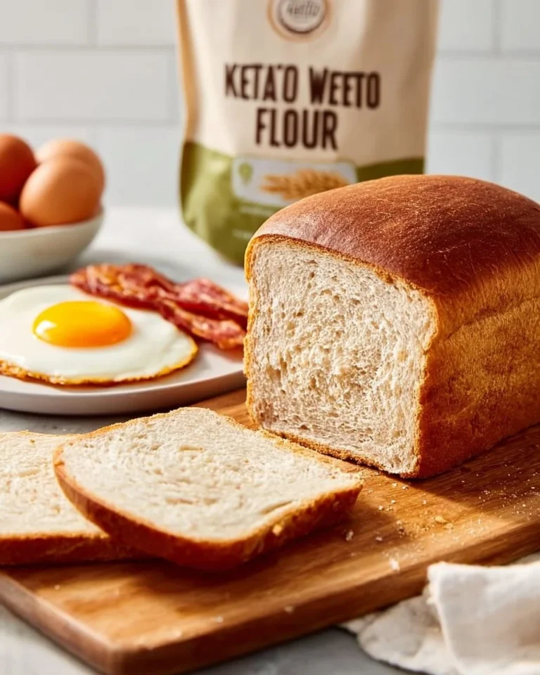Freshly baked keto-friendly bread loaf on a wooden cutting board