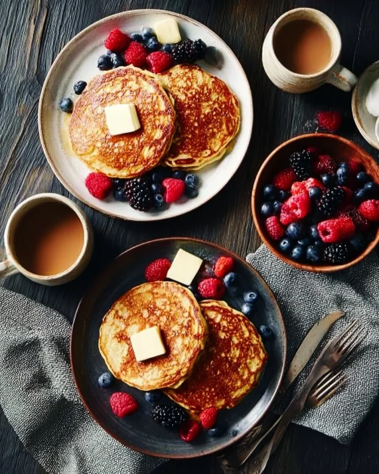 Stack of keto-friendly buttermilk pancakes with syrup and berries