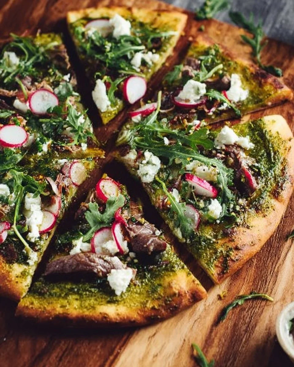 Keto-friendly chimichurri steak pizza topped with fresh herbs and vegetables