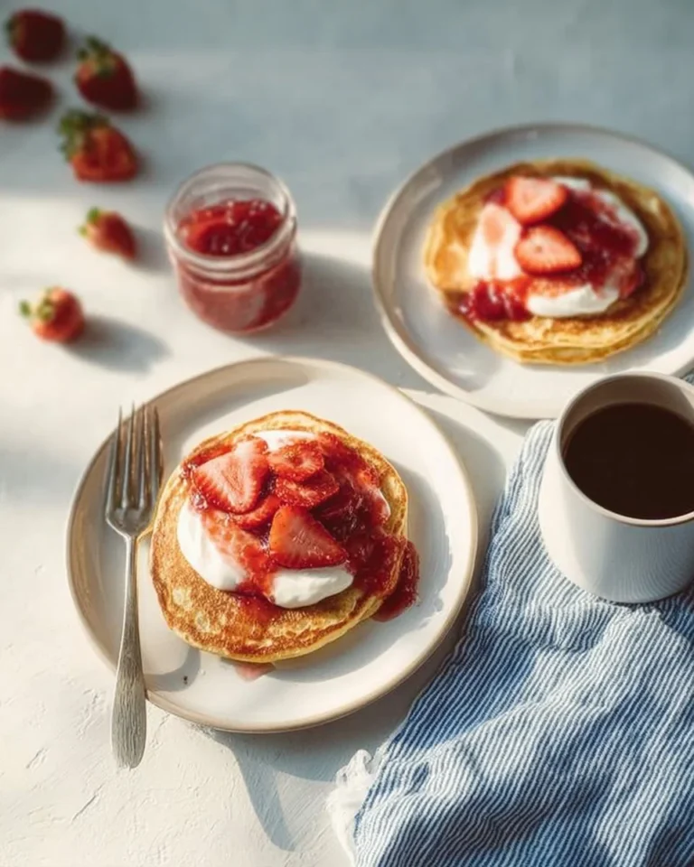 Fluffy keto pancakes topped with berries and syrup, perfect for a low-carb breakfast.