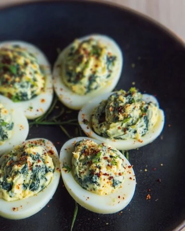 Keto Spinach Artichoke Deviled Eggs served on a platter