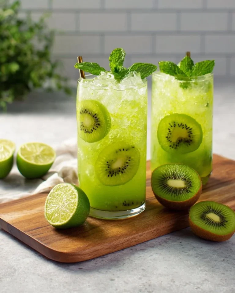 Freshly made Kiwi Mocktail served in a glass with garnishes