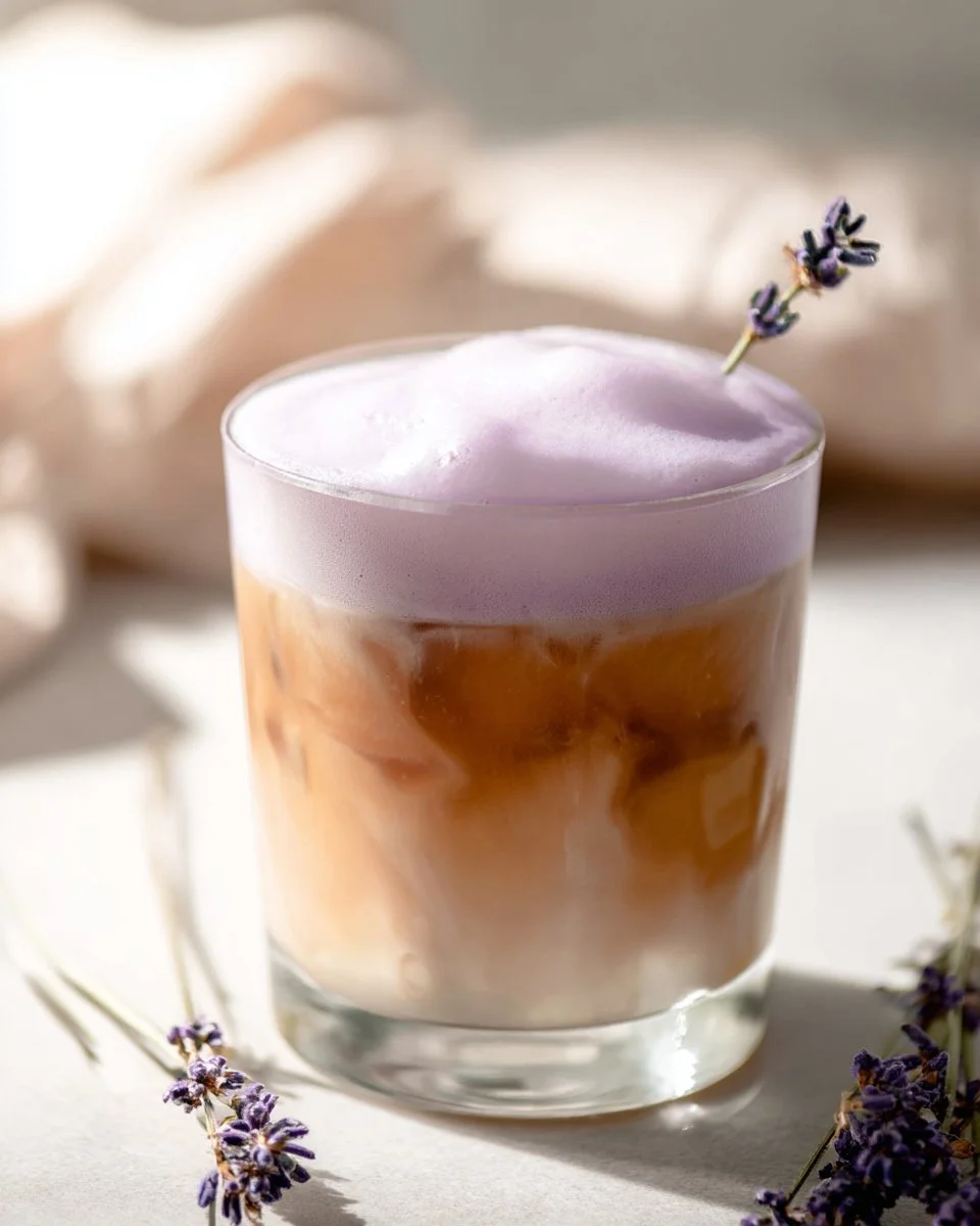 Homemade Lavender Cold Foam Starbucks copycat recipe on a coffee drink