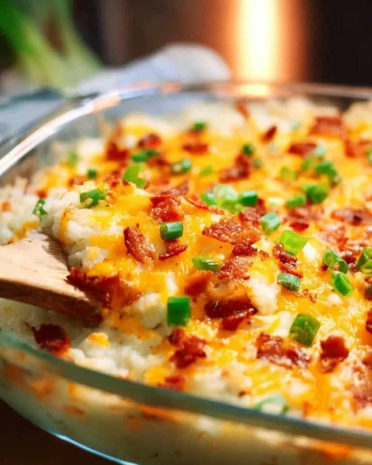 Loaded Baked Potato Casserole topped with cheese, bacon, and green onions.