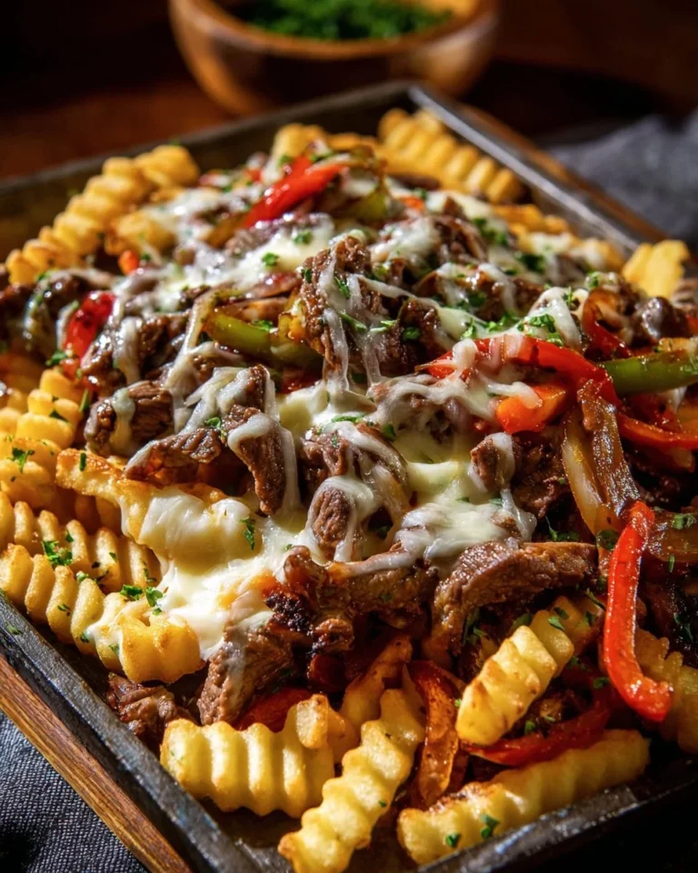 Delicious Loaded Philly Cheesesteak Fries topped with melted cheese and beef