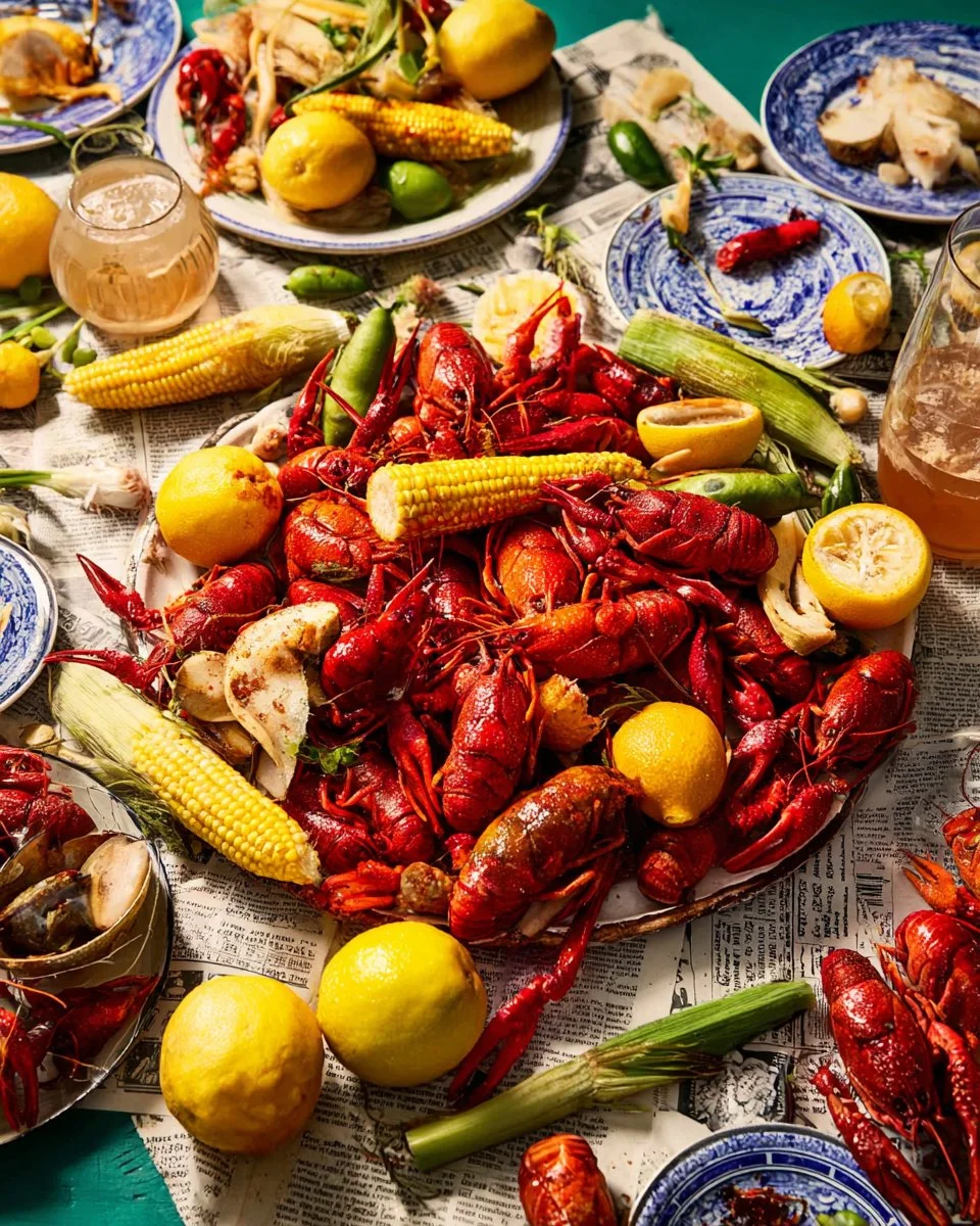 A vibrant Louisiana crawfish boil featuring seasoned crawfish, corn, and potatoes.