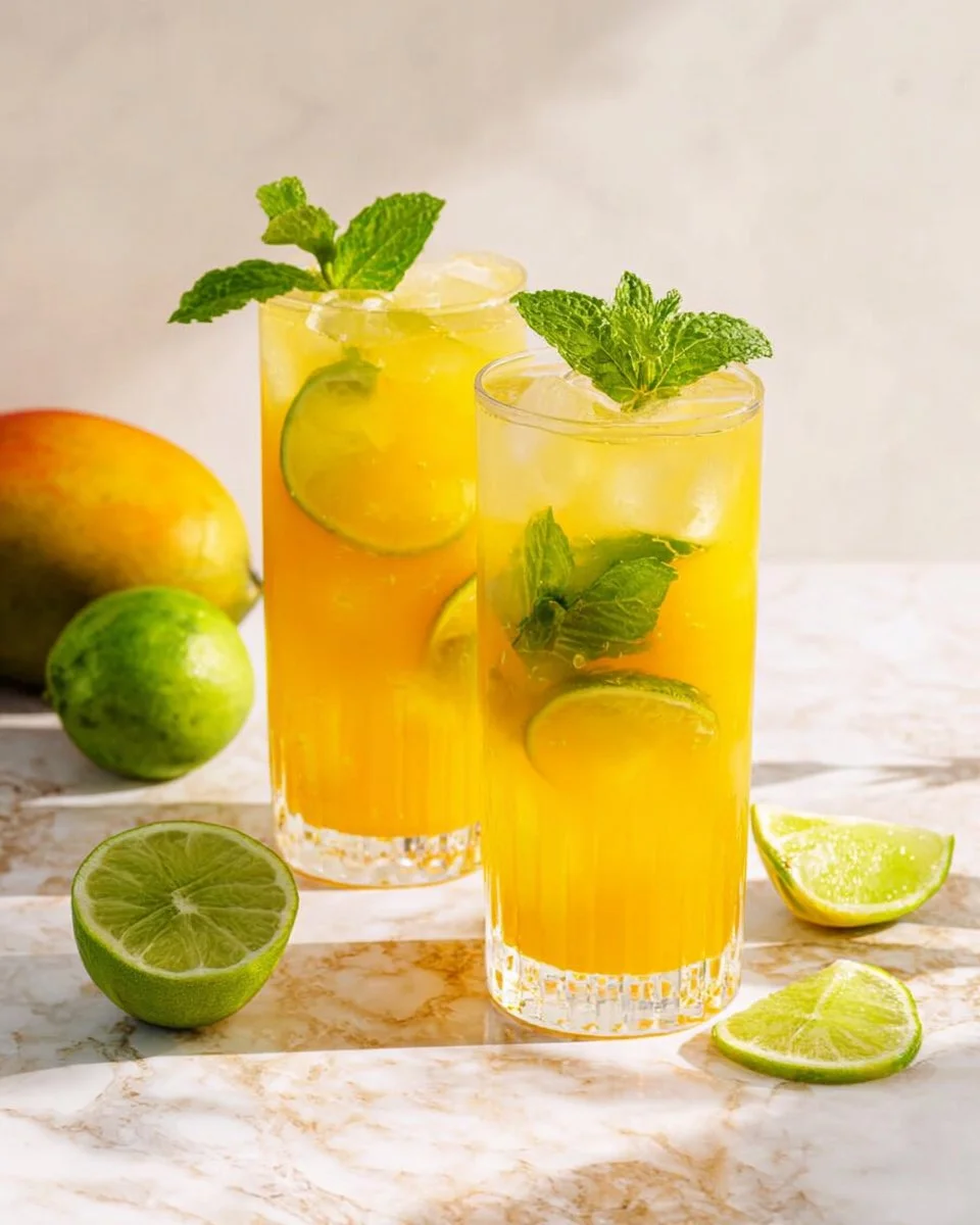 Mango Mint Lime Sparkler drink in a glass with mint leaves and lime slices